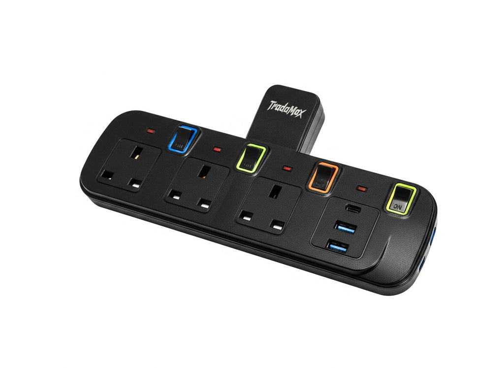 Universal Wall Plug Multi Socket, 3 AC Outlets with Individual Switches, 2 USB + Type-C Fast Charging Extension Adaptor, Surge Protected – Black and White