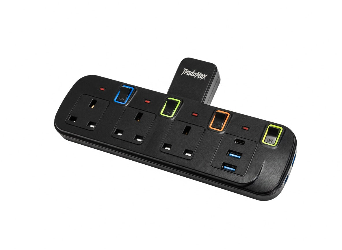 Universal Wall Plug Multi Socket, 3 AC Outlets with Individual Switches, 2 USB + Type-C Fast Charging Extension Adaptor, Surge Protected – Black and White