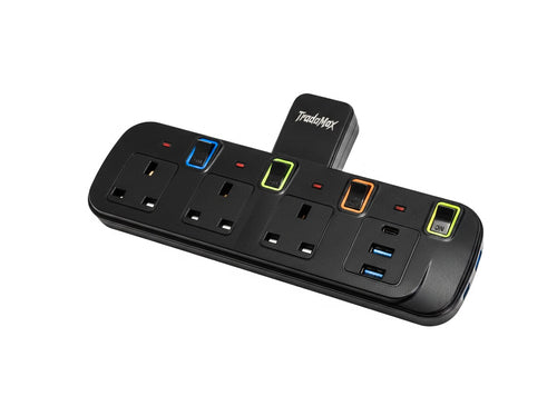 Universal Wall Plug Multi Socket, 3 AC Outlets with Individual Switches, 2 USB + Type-C Fast Charging Extension Adaptor, Surge Protected – Black and White