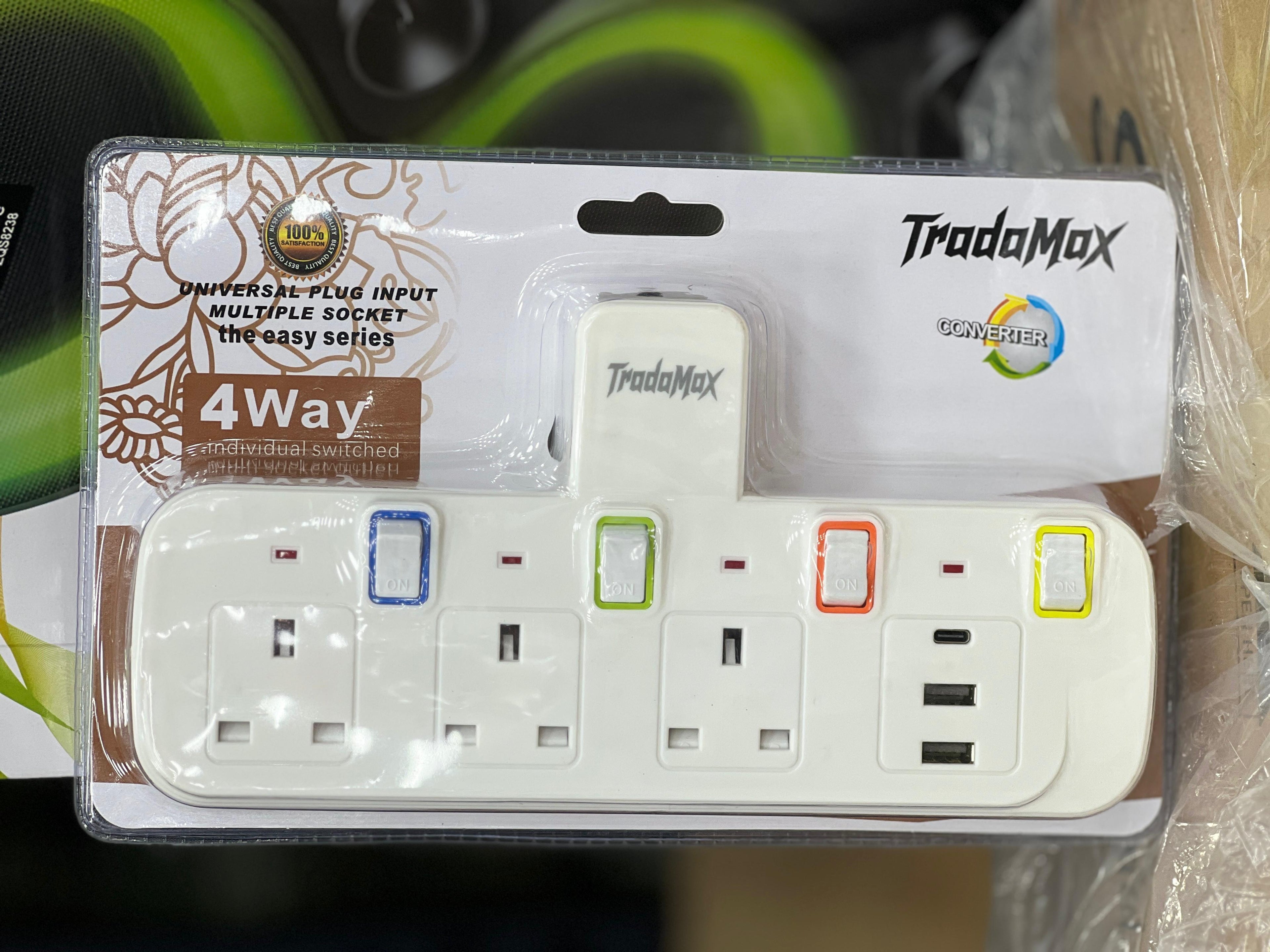 Universal Wall Plug Multi Socket, 3 AC Outlets with Individual Switches, 2 USB + Type-C Fast Charging Extension Adaptor, Surge Protected – Black and White